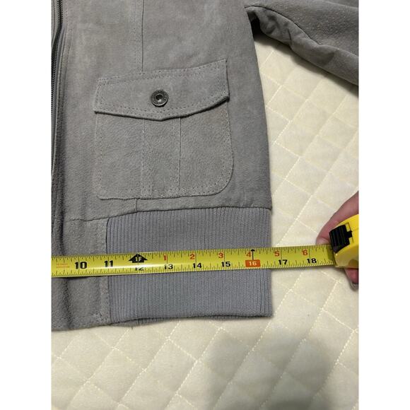 NWT DOLLHOUSE Sz Large Bomber Jacket Gray Genuine Leather Suede Faux Fur Hoodie - Picture 15 of 16